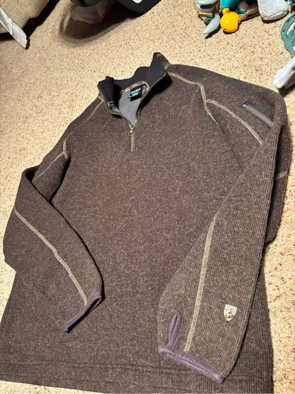 Kuhl Thermokore Temp Regulating Brown Wool Blend Fleece Lined 1/4 Zip Size small